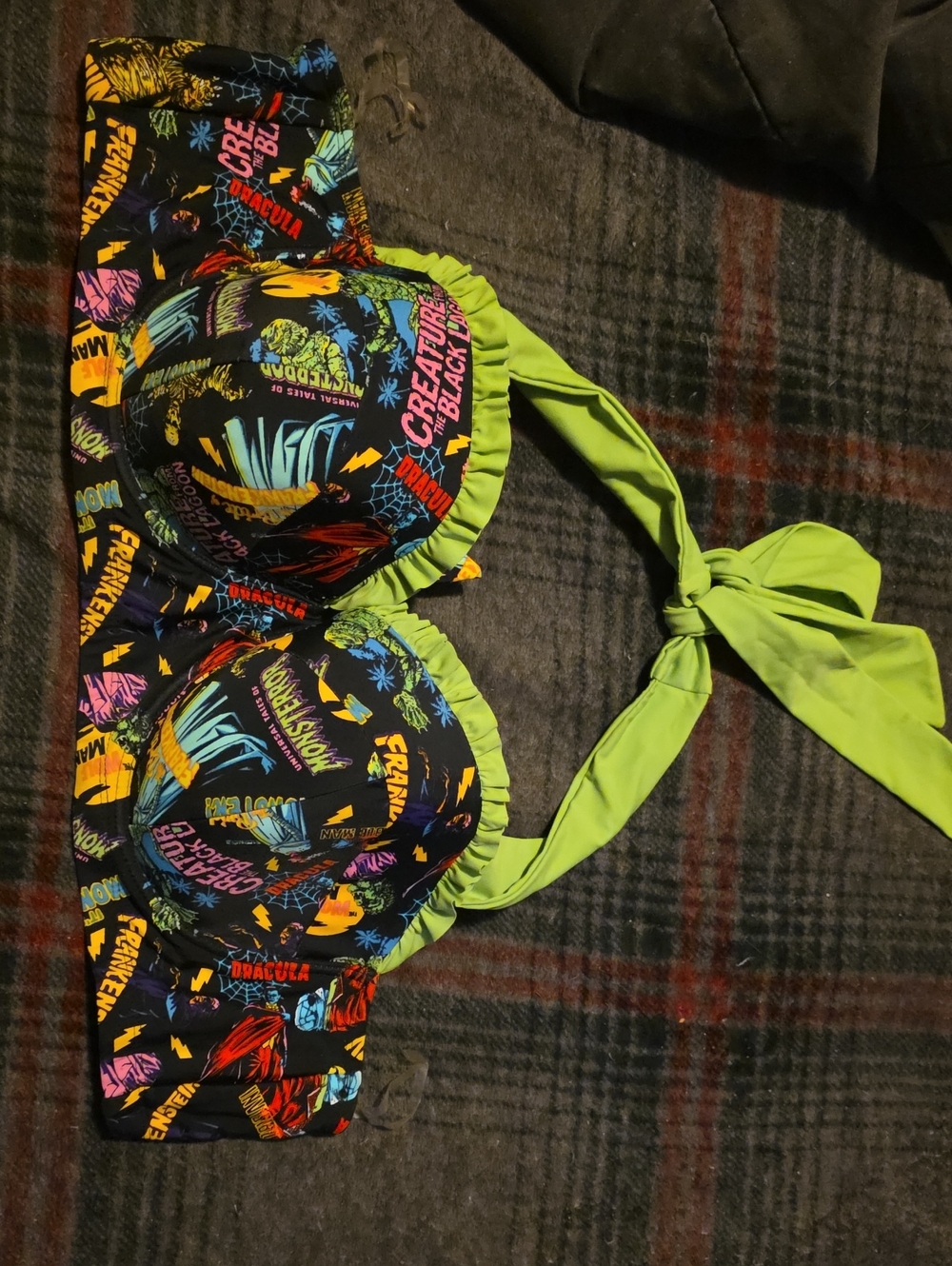 Universal Monsters Black Multicolor Comic Print Bikini Top with Lime Trim